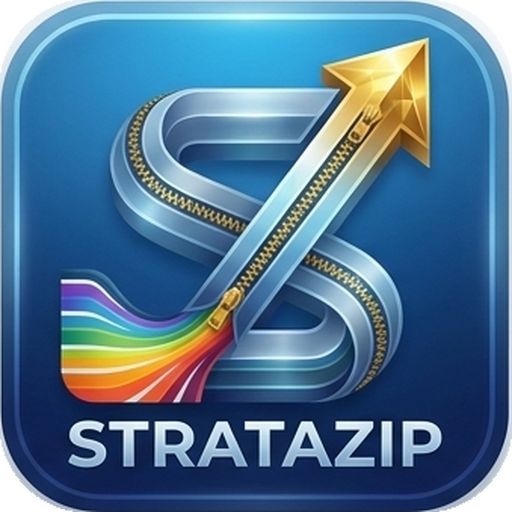 The StrataZip icon: a zippered S ribbon with rainbow strata and a gold arrow
